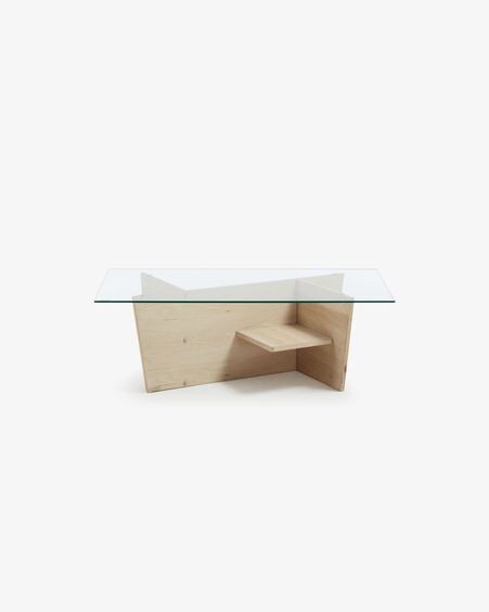 Mesa centro Balwind cristal y base de madera maciza de roble 110 x 60 cm