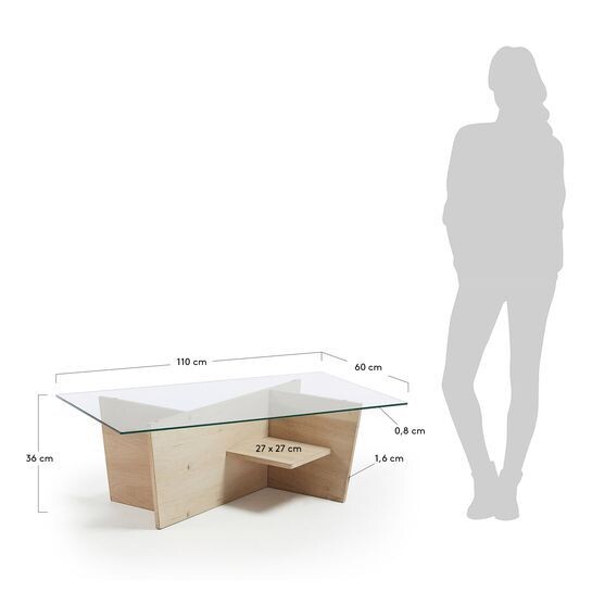 Mesa centro Balwind cristal y base de madera maciza de roble 110 x 60 cm