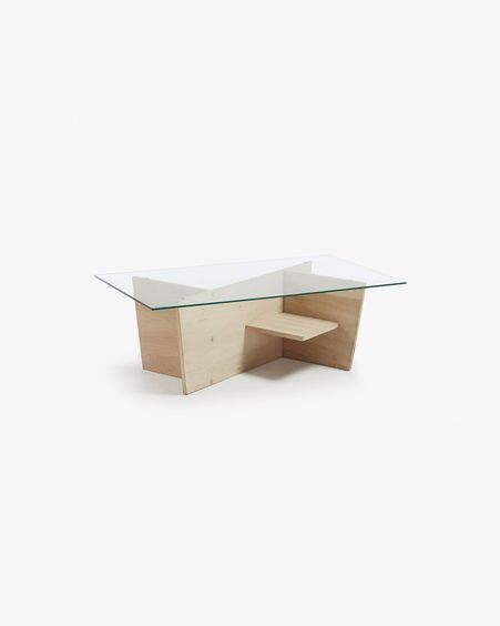 Mesa centro Balwind cristal y base de madera maciza de roble 110 x 60 cm