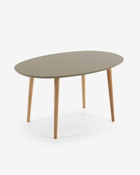 Mesa extensible oval Oqui MDF lacado marrón y patas madera maciza haya 140 (220) x 90 cm