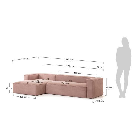 Sofá Blok 4 plazas chaise longue izquierdo pana gruesa rosa 330 cm