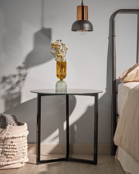Mesa auxiliar Raeam cristal templado y acero acabado negro Ø 50 cm