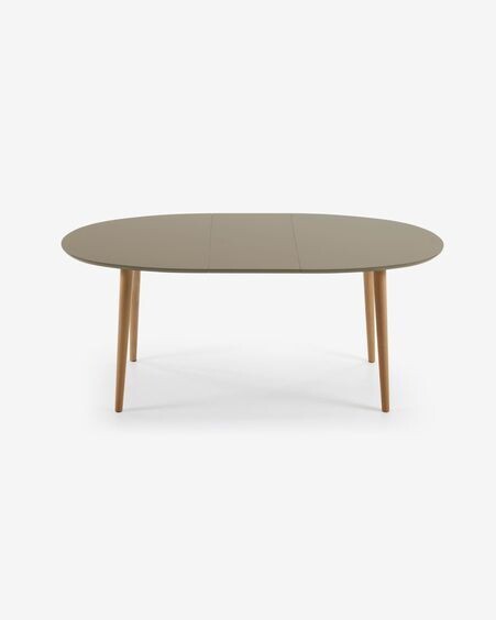 Mesa extensible oval Oqui MDF lacado marrón y patas madera maciza haya 140 (220) x 90 cm