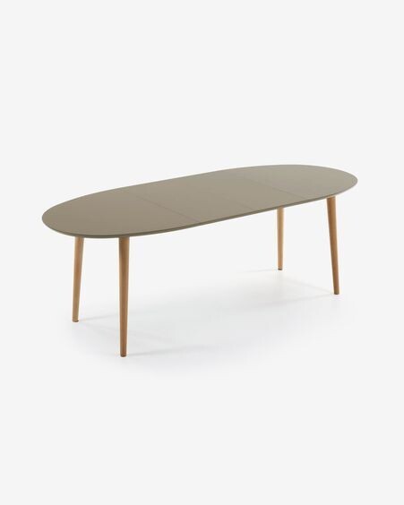 Mesa extensible oval Oqui MDF lacado marrón y patas madera maciza haya 140 (220) x 90 cm