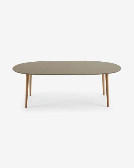 Mesa extensible oval Oqui MDF lacado marrón y patas madera maciza haya 140 (220) x 90 cm