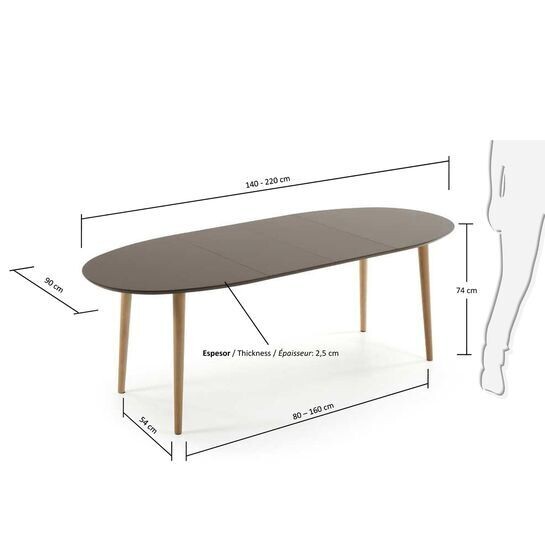 Mesa extensible oval Oqui MDF lacado marrón y patas madera maciza haya 140 (220) x 90 cm