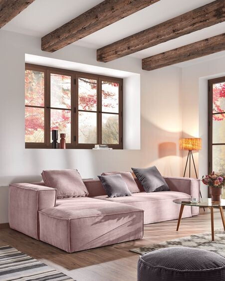 Sofá Blok 4 plazas chaise longue izquierdo pana gruesa rosa 330 cm