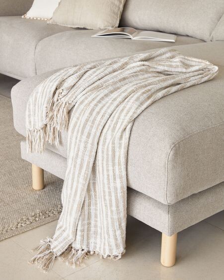 Manta Carola rayas 100% algodón marrón y blanco 130 x 170 cm
