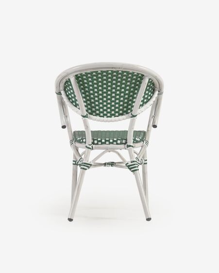Silla de exterior con brazos bistro Marilyn de aluminio y ratán sintético verde y blanco