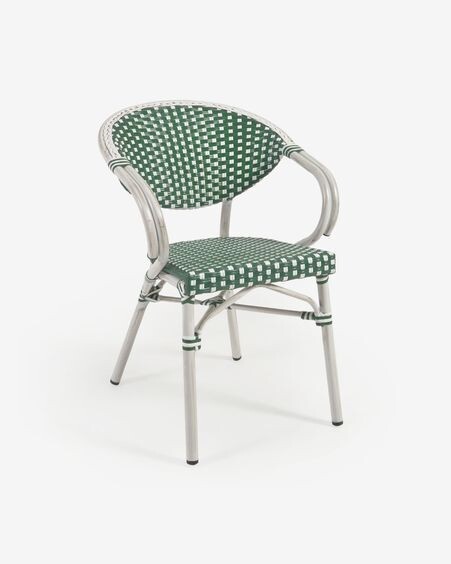 Silla de exterior con brazos bistro Marilyn de aluminio y ratán sintético verde y blanco