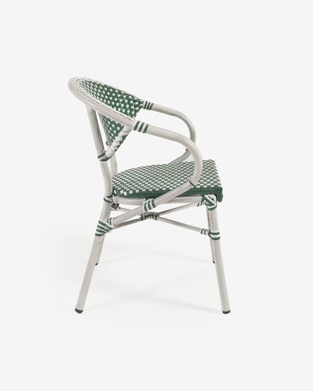 Silla de exterior con brazos bistro Marilyn de aluminio y ratán sintético verde y blanco