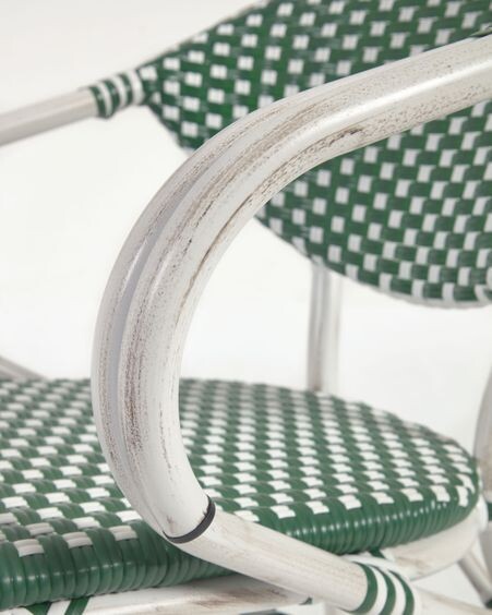Silla de exterior con brazos bistro Marilyn de aluminio y ratán sintético verde y blanco