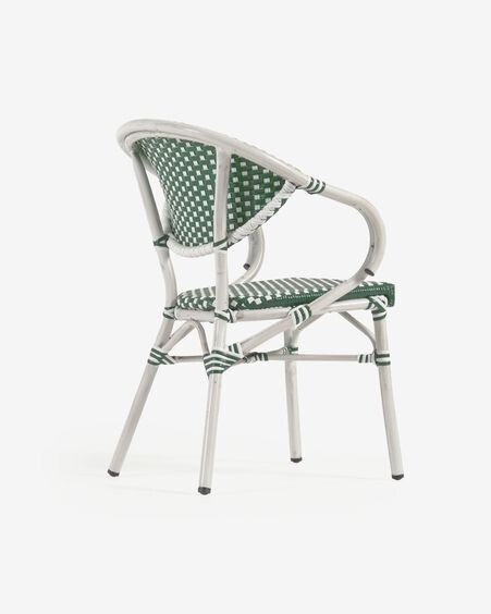 Silla de exterior con brazos bistro Marilyn de aluminio y ratán sintético verde y blanco