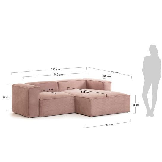 Sofá Blok 2 plazas chaise longue derecho pana gruesa rosa 240 cm