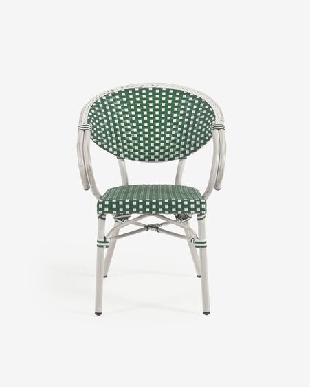 Silla de exterior con brazos bistro Marilyn de aluminio y ratán sintético verde y blanco
