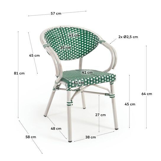 Silla de exterior con brazos bistro Marilyn de aluminio y ratán sintético verde y blanco