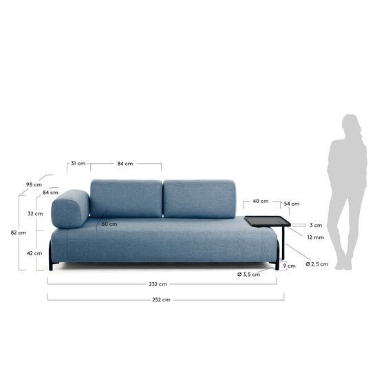 Sofá Compo 3 plazas azul con bandeja grande 252 cm