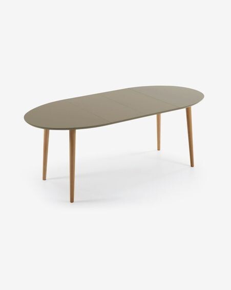 Mesa extensible oval Oqui MDF lacado marrón y patas madera maciza haya 120 (200) x 90 cm