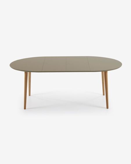 Mesa extensible oval Oqui MDF lacado marrón y patas madera maciza haya 120 (200) x 90 cm