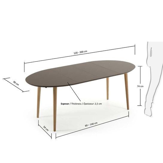 Mesa extensible oval Oqui MDF lacado marrón y patas madera maciza haya 120 (200) x 90 cm