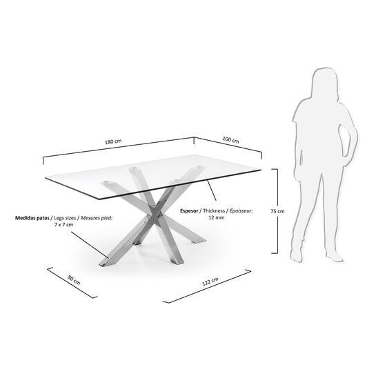 Mesa Argo de cristal y patas de acero inoxidable 180 x 100 cm