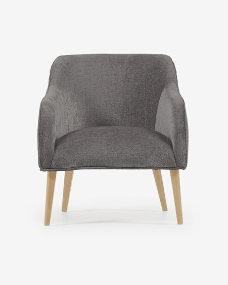 Butaca Bobly de chenilla gris oscuro y patas de madera acabado natural