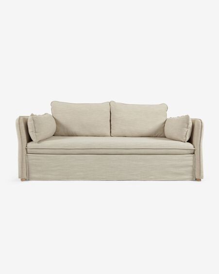Sofá cama Tanit blanco y patas de madera maciza de haya con acabado natural 210 cm