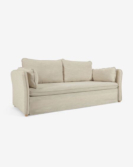 Sofá cama Tanit blanco y patas de madera maciza de haya con acabado natural 210 cm