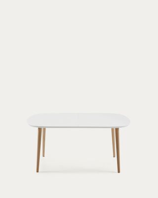Mesa extensible Oqui MDF lacado blanco y patas madera maciza haya 160 (260) x 100 cm Mesa extensible Oqui MDF lacado blanco y patas madera maciza haya 160 (260) x 100 cm