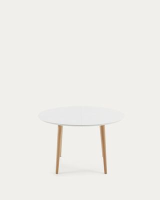 Mesa extensible oval Oqui MDF lacado blanco y patas madera maciza haya 120 (200) x 90 cm