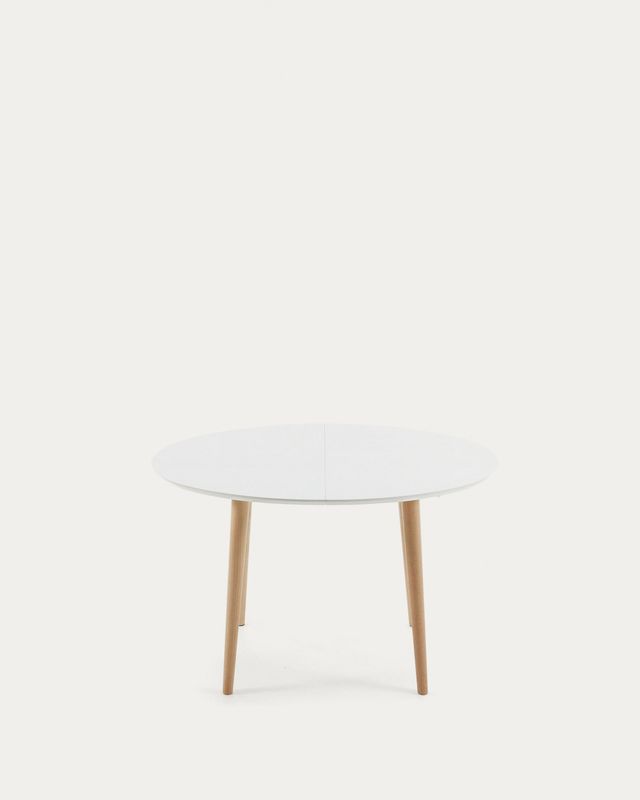 Mesa extensible oval Oqui MDF lacado blanco y patas madera maciza haya 120 (200) x 90 cm