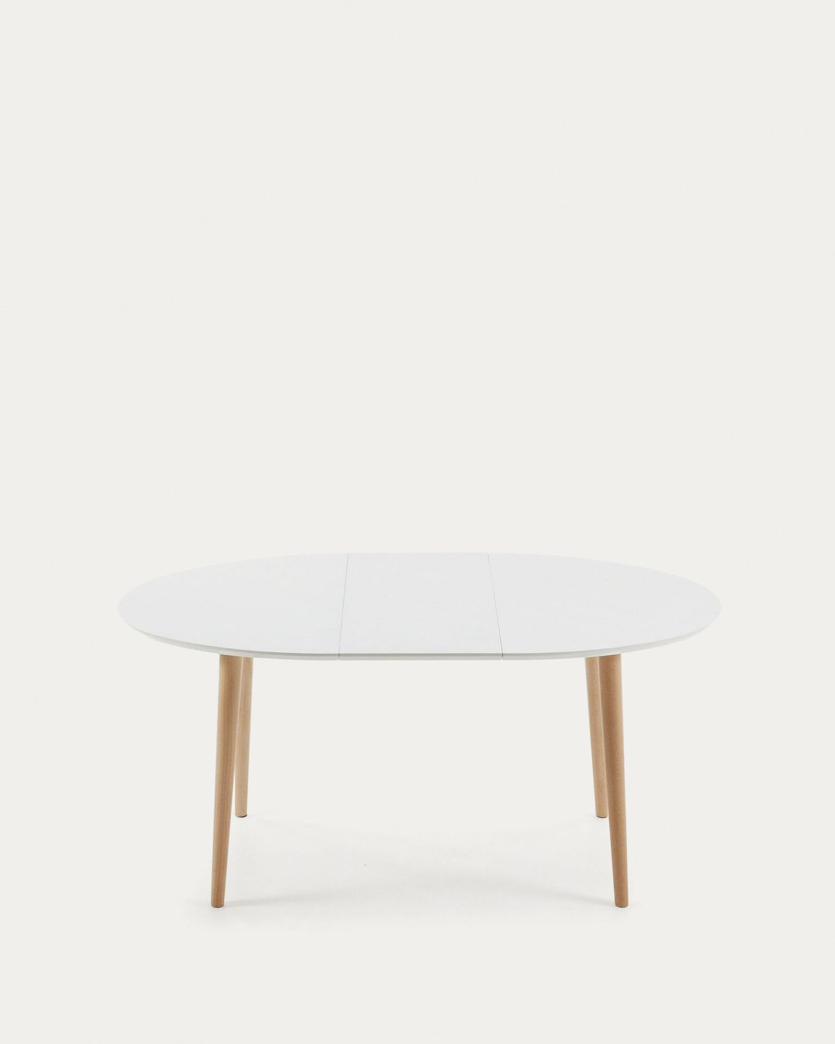 Mesa extensible oval Oqui MDF lacado blanco y patas madera maciza haya 120 (200) x 90 cm