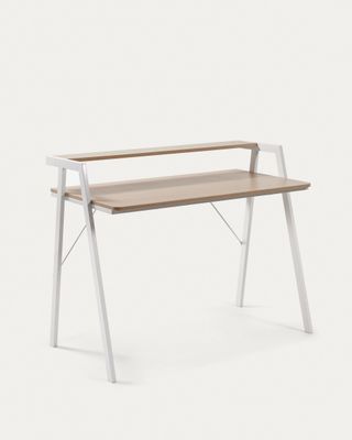 Mesa Aarhus melamina acabado natural patas de acero acabado blanco 115 x 60 cm