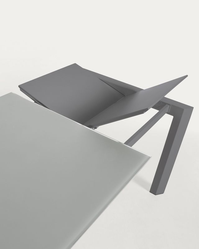 Mesa extensible Axis de cristal gris y patas de acero acabado gris oscuro 140 (200) cm