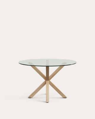 Mesa redonda Argo de cristal y patas de acero efecto madera Ø 119 cm