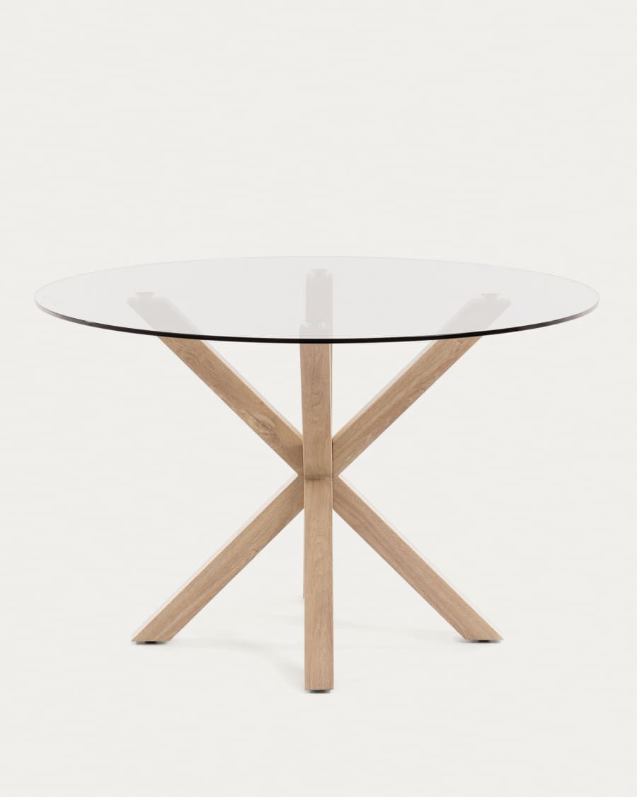 Mesa redonda Argo de cristal y patas de acero efecto madera Ø 119 cm