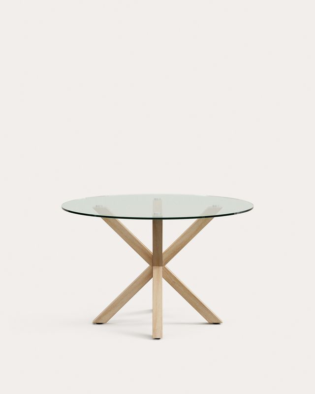 Mesa redonda Argo de cristal y patas de acero efecto madera Ø 119 cm
