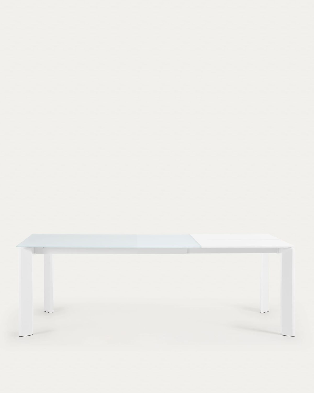 Mesa extensible Axis de cristal blanco y patas de acero acabado blanco 160 (220) cm
