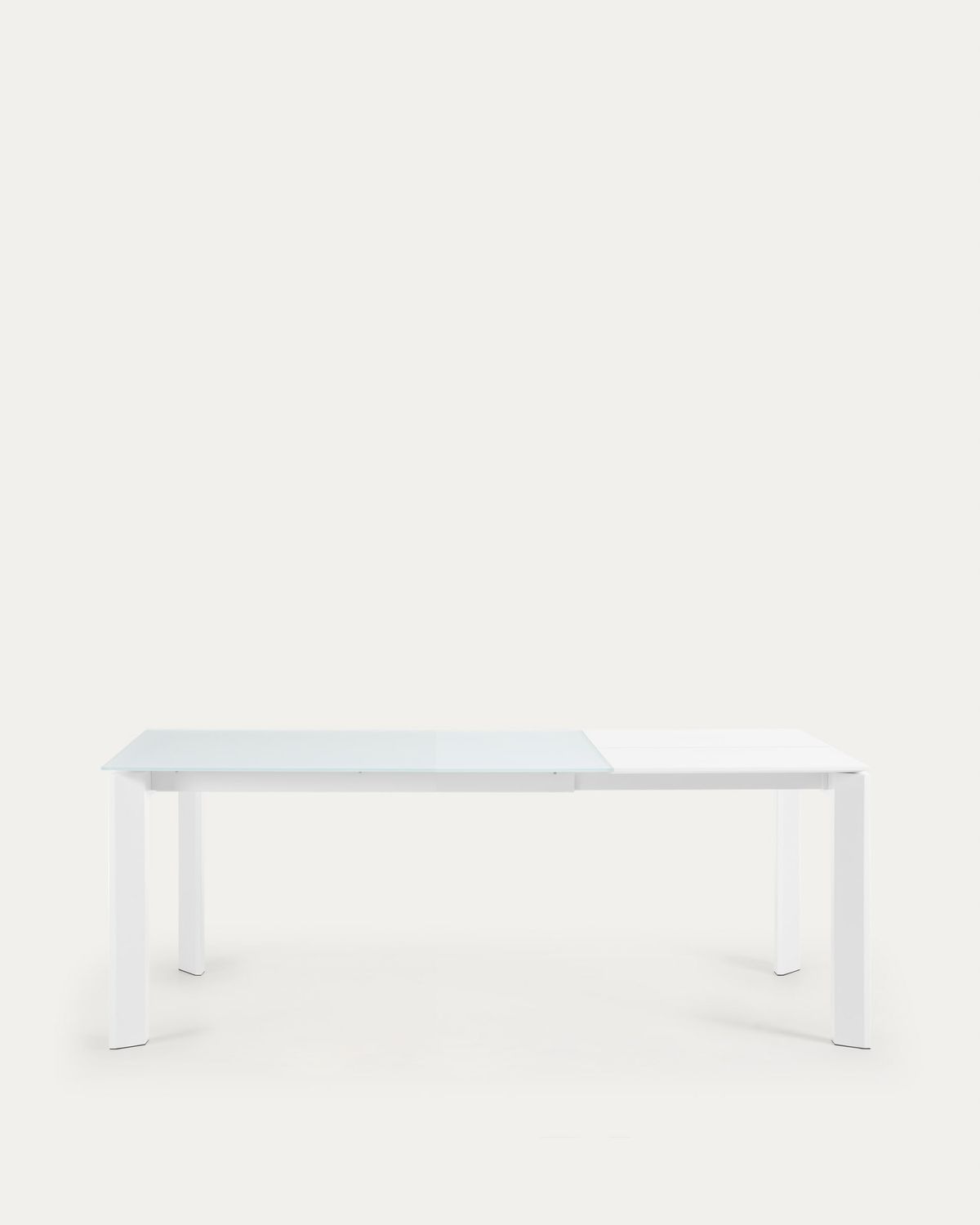 Mesa extensible Axis de cristal blanco y patas de acero acabado blanco 140 (200) cm