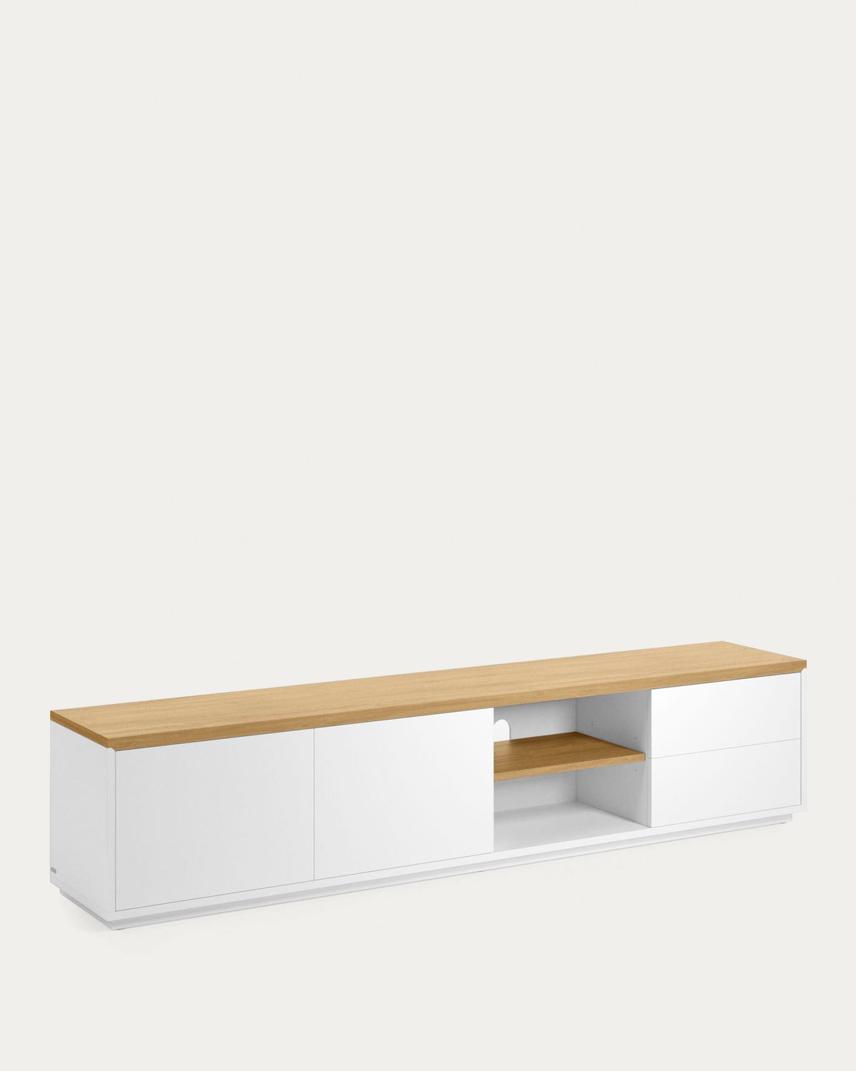 Mueble TV Abilen 2 puertas y 2 cajones chapa de roble y lacado blanco 200 x 44 cm FSC 100%