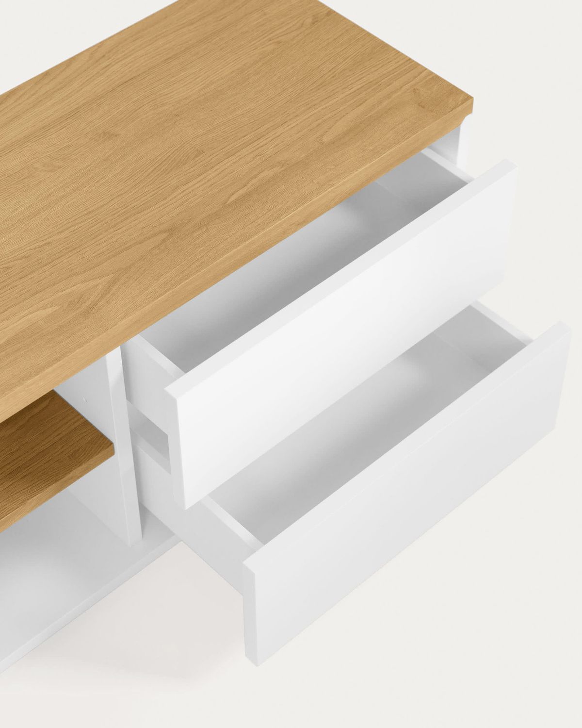 Mueble TV Abilen 2 puertas y 2 cajones chapa de roble y lacado blanco 200 x 44 cm FSC 100%