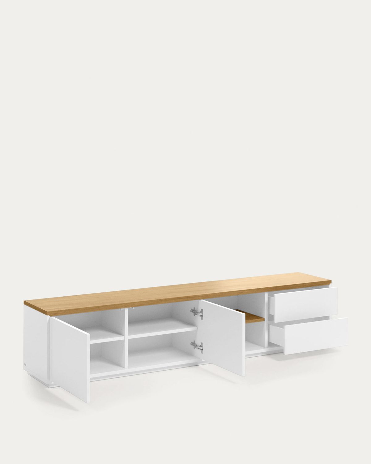 Mueble TV Abilen 2 puertas y 2 cajones chapa de roble y lacado blanco 200 x 44 cm FSC 100%