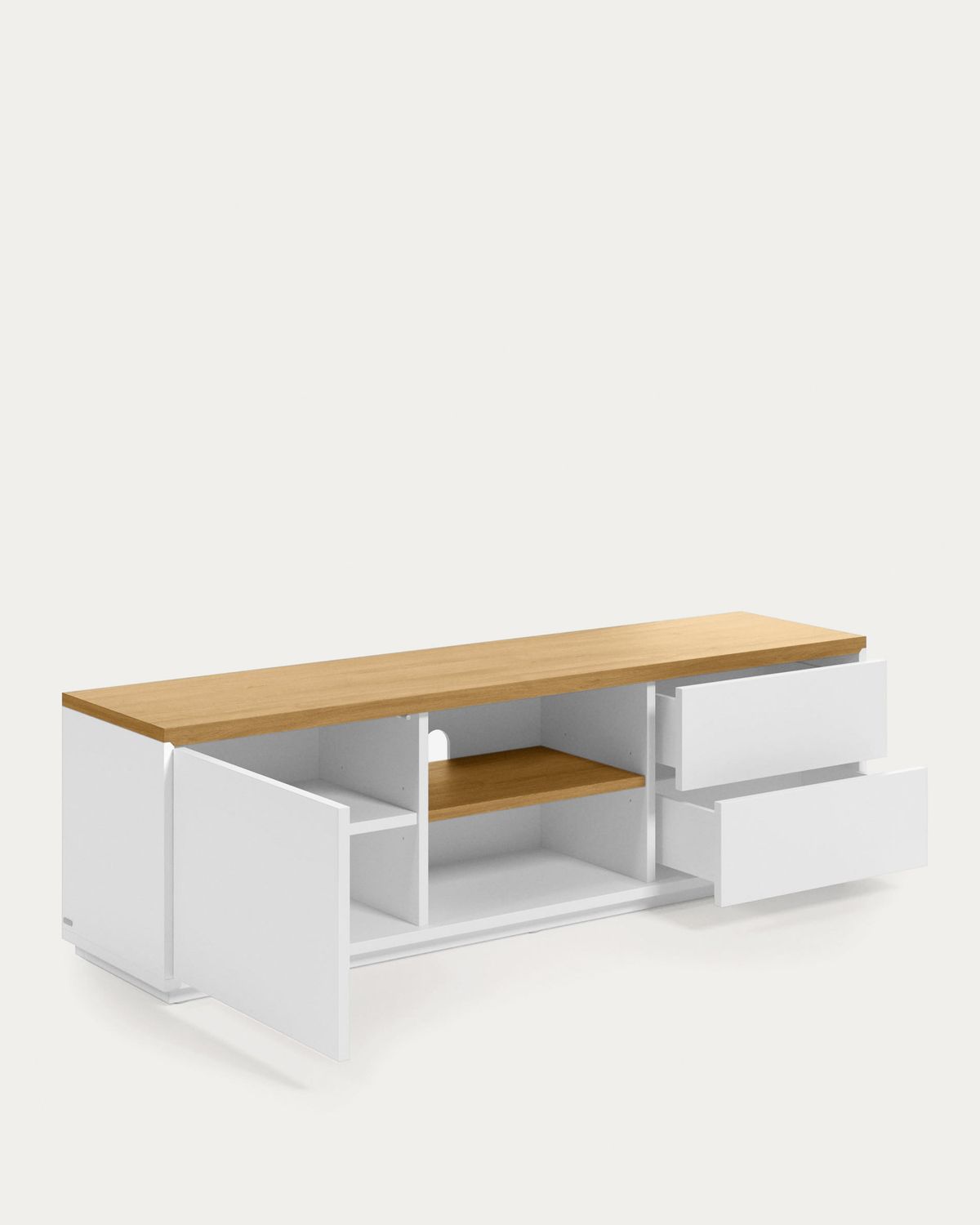 Mueble TV Abilen 1 puerta y 2 cajones de chapa roble y lacado blanco 150 x 44 cm FSC 100%