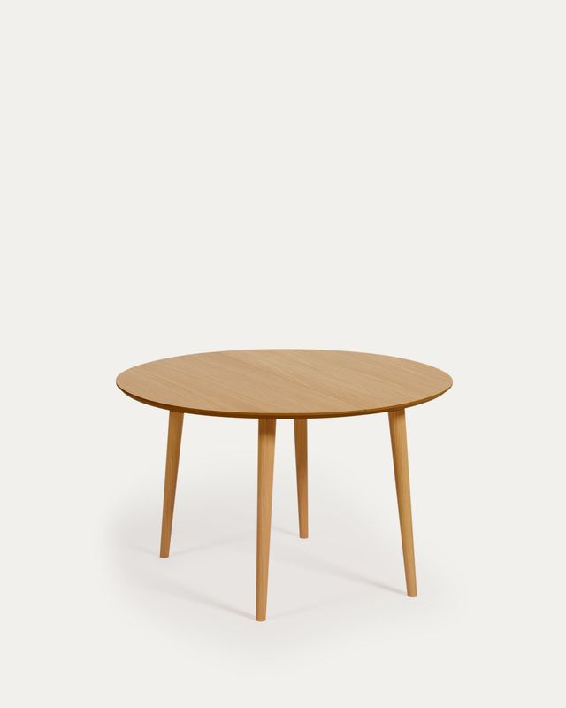 Mesa extensible redonda Oqui chapa de roble y patas de madera maciza Ø 120 (200) x 120 cm