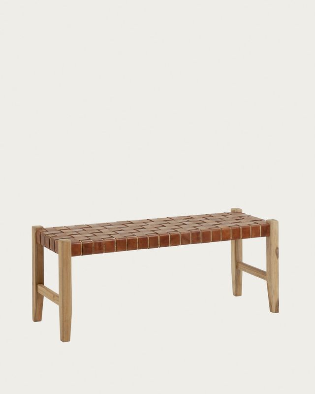 Banco Calixta de piel y madera maciza de teca con acabado natural 120 cm