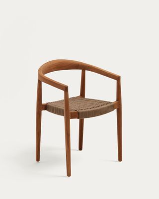 Silla apilable de exterior Ydalia de madera maciza de teca con acabado natural y cuerda beige
