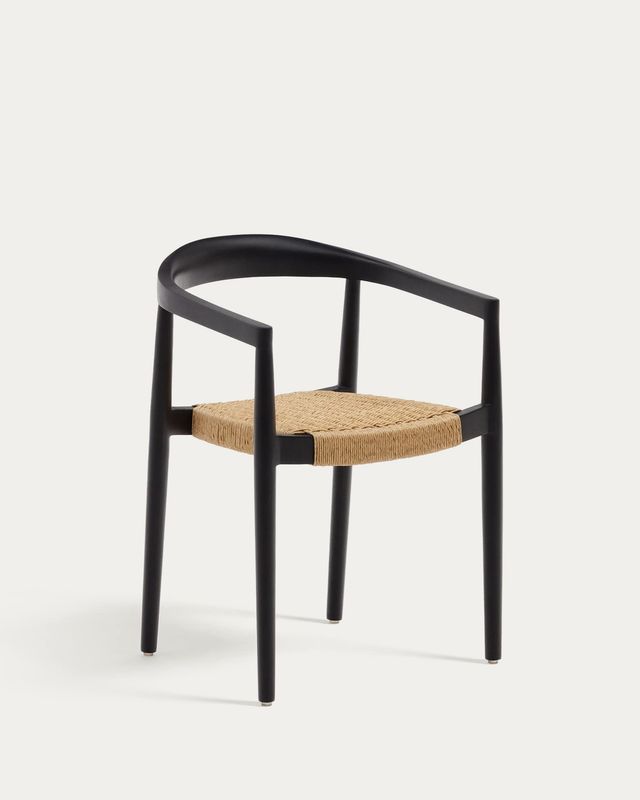 Silla apilable de exterior Ydalia de madera maciza de teca acabado negro y cuerda de ratán sintético