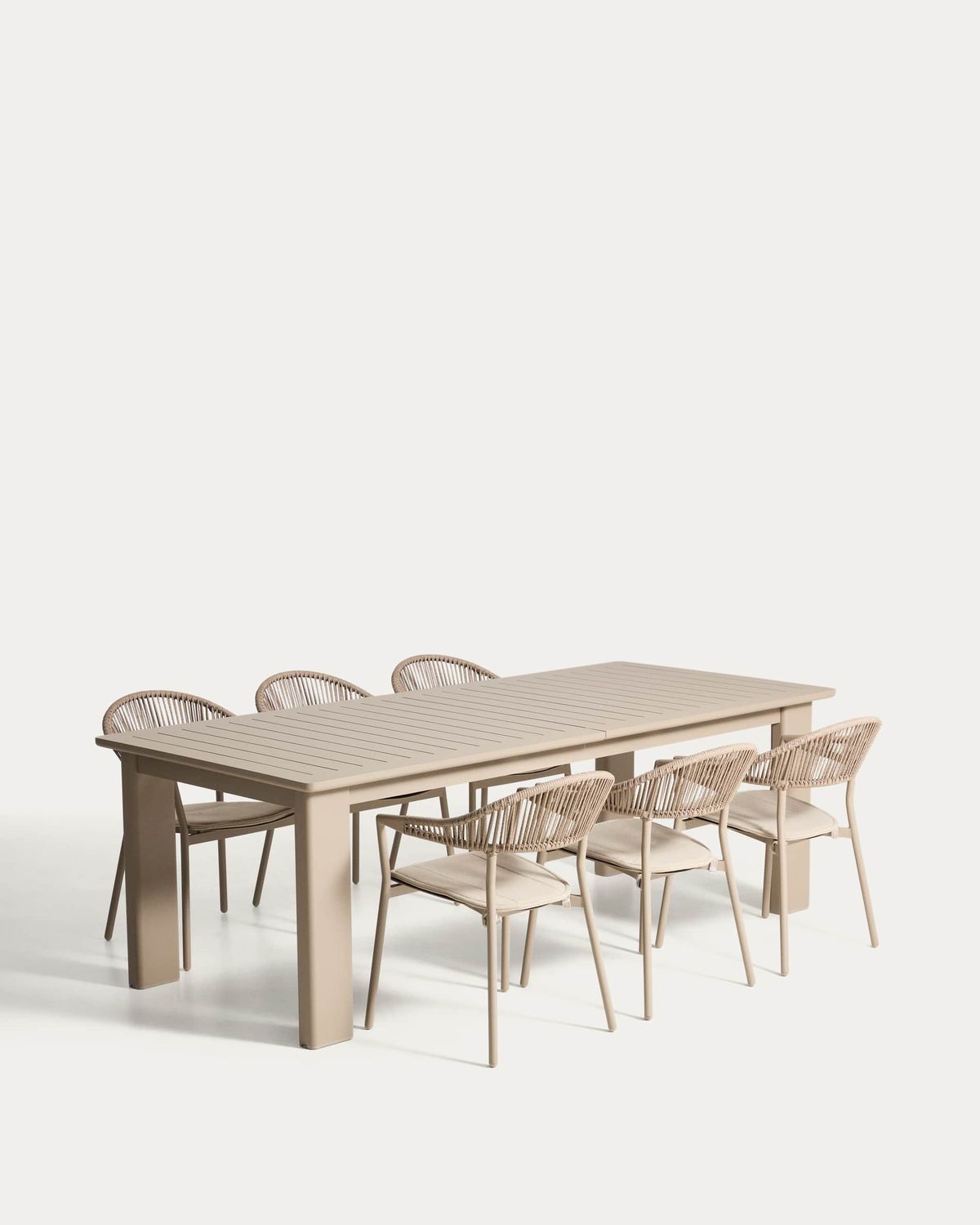 Set de mesa extensible Livorno de aluminio topo y 6 sillas Alimia de aluminio topo y cuerda sintética marrón 233 (350) x 100 cm