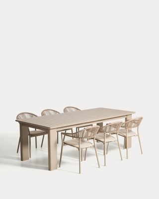 Set de mesa extensible Livorno de aluminio topo y 6 sillas Alimia de aluminio topo y cuerda sintética marrón 233 (350) x 100 cm