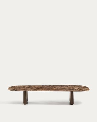 Mesa de centro Pirita de mármol marrón y patas de madera maciza de roble acabado oscuro 147 x 65 cm FSC 100%